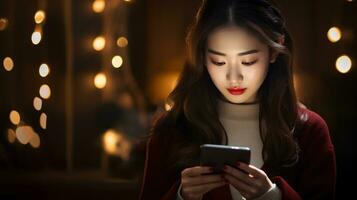 AI generated Capturing Emotional Moments Serene Model Immersed in Heartwarming Holiday Messages on Phone, Illuminated with Warm Ambient Lighting photo