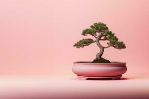 AI Generated Miniature bonsai tree in a ceramic pot on a background with a copy space. photo