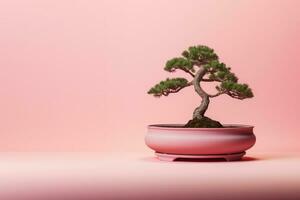 ai generado miniatura bonsai árbol en un cerámico maceta en un antecedentes con un Copiar espacio. foto