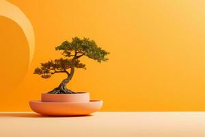 AI Generated Miniature bonsai tree in a ceramic pot on a background with a copy space. photo