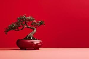 AI Generated Miniature bonsai tree in a ceramic pot on a background with a copy space. photo