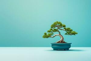 AI Generated Miniature bonsai tree in a ceramic pot on a background with a copy space. photo