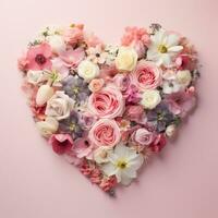 AI Generated The heart is lined with beautiful pink and white flowers on a pink background photo