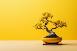 AI Generated Miniature bonsai tree in a ceramic pot on a background with a copy space. photo