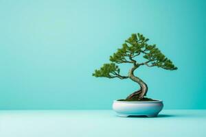 AI Generated Miniature bonsai tree in a ceramic pot on a background with a copy space. photo