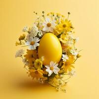 AI Generated Yellow Easter creative composition with Easter eggs and spring flowers photo