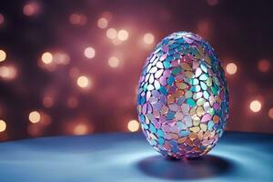AI Generated Glamorous shiny Easter egg in rhinestones and glitter on a neon background. photo