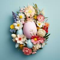 AI Generated Easter creative composition with Easter eggs and spring flowers photo