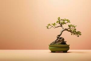 AI Generated Miniature bonsai tree in a ceramic pot on a background with a copy space. photo