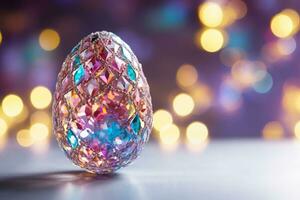 AI Generated Glamorous shiny Easter egg in rhinestones and glitter on a neon background. photo