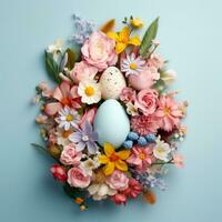 AI Generated Easter creative composition with Easter eggs and spring flowers photo