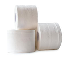 Three rolls of white tissue paper or napkin in stack prepared for use in toilet or restroom isolated with clipping path and shadow in png file format.