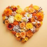 ai generado el corazón es forrado con hermosa multicolor flores en un Amarillo naranja escala foto