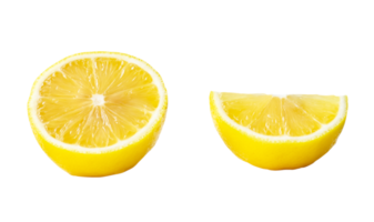 Fresh beautiful yellow lemon half with quarter in set isolated with clipping path in png file format. Front view and flat lay