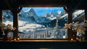 ai généré refroidissement sur bois cabine avec hiver paysage pour produit promotion video