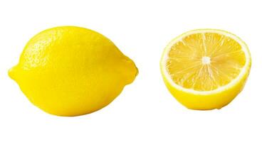 Fresh beautiful yellow lemon set with whole fruit and half isolated on white background with clipping path. Front view and flat lay photo