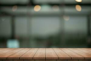Empty wooden table top with lights bokeh on blur restaurant background. photo