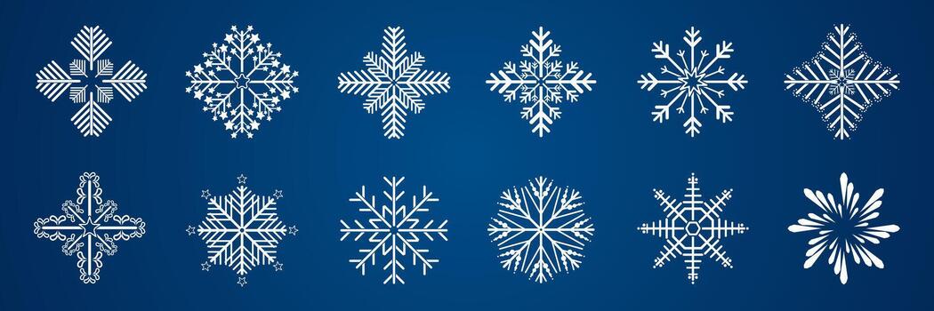 conjunto de copo de nieve símbolo, icono, logo para diseño Navidad vector, copo de nieve grupo en aislado azul fondo, ilustración elemento colección vector