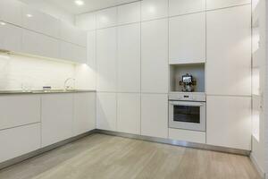 Modern white kitchen without handles photo