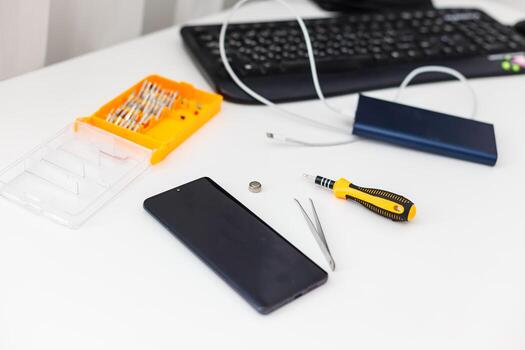 Flat Lay of smartphone components isolate on white background with clipping path photo