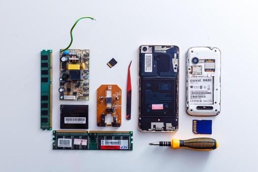 Top view of smartphone components isolate on white background with clipping path photo