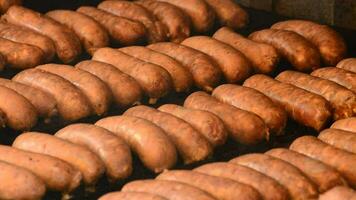 Hot dog, sausage or frankfurter cooking at grill video