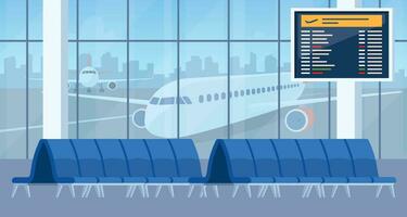 Empty airport arrival waiting room or departure lounge with chairs and information panels. Terminal hall with big airport window. Vector illustration.