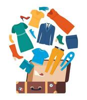 Lots of different clothes and suitcase. Packing luggage for business trip or vacation. Clothes and travel bag. Vector illustration.