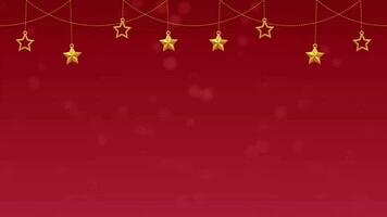 Red Christmas Horizontal Video Animation Background Decorated With Hanging Gold Stars And Defocused Snowflakes