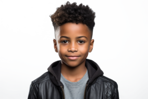 ai genererad Lycklig raser pojke isolerat på vit transparent bakgrund. porträtt av svart pojke ser på kamera. afrikansk amerikan barn png