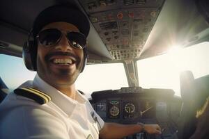 Portrait of pilot in airplane cabin. Generative AI photo