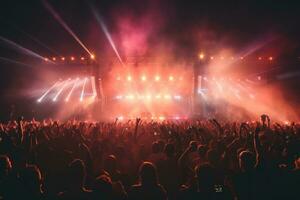 ai generado siluetas de concierto multitud en frente de escenario. generativo ai foto