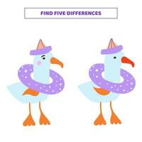 Find five differences between cartoon seagulls. vector