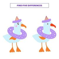 Find five differences between cartoon seagulls. vector