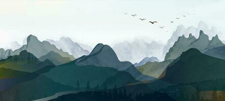 Landscape hills abstract art watercolor painting background with birds flying on mountains range. vector