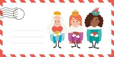 Envelope of the wise women. The three Queens of orient, Melchiora, Gasparda and Balthazara. Funny vectorized letter. vector