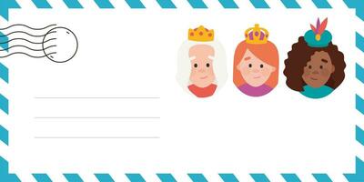 Envelope of the wise women. The three queens of orient, Melchiora, Gasparda and Balthazara. Funny vectorized letter. vector