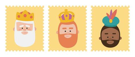 Cute YELLOW Stamps packs of the wise men. The three kings of orient, Melchior, Gaspard and Balthazar. vector