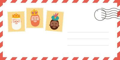 Envelope of the wise men. The three kings of orient, Melchior, Gaspard and Balthazar. Funny vectorized letter. vector