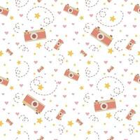 Vector seamless pattern with flat photo camera, stars, hearts. Pastel background for creativity