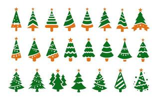 Christmas tree flat icons set. Black Christmas tree green vector silhouettes with orange stars