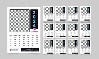 Modern professional 2024 wall calendar design, 12 page high-quality print-ready calendar vector template