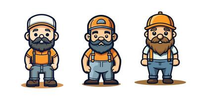 Set of three cartoon worker characters in different poses. Vector illustration.