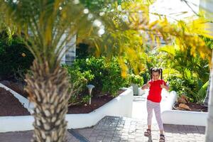 The concept of family happiness and children in the summer on the sea among palm trees. Cute little girl without a pattern. photo