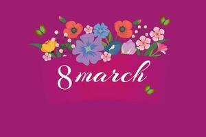 March 8, Womens Day greeting card or banner, March 8 vector design illustration with flowers on bright pink background.