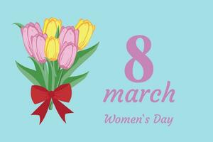 March 8 postcard design with tulips. International Womens Day. Vector illustration.