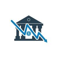 Banking Downfall Icon. With Bank and Arrow Symbols. Editable Flat Vector Illustration.