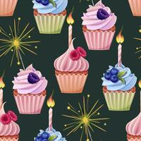 Seamless pattern with cupcake decorated with cream, blackberries, blueberries, raspberries, candle and sparkler. Birthday muffin background. Festive texture for wrapping paper, cards, fabric vector