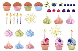 Cupcake, muffin constructor kit, cake cups. Cupcake constructor. Create your dessert. Elements of cupcake, meringue, creams, candles, blueberry, raspberry, blackberry decorations. vector