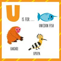 Learning English alphabet for kids. Letter U. Cute cartoon uakari upupa unicorn fish. vector